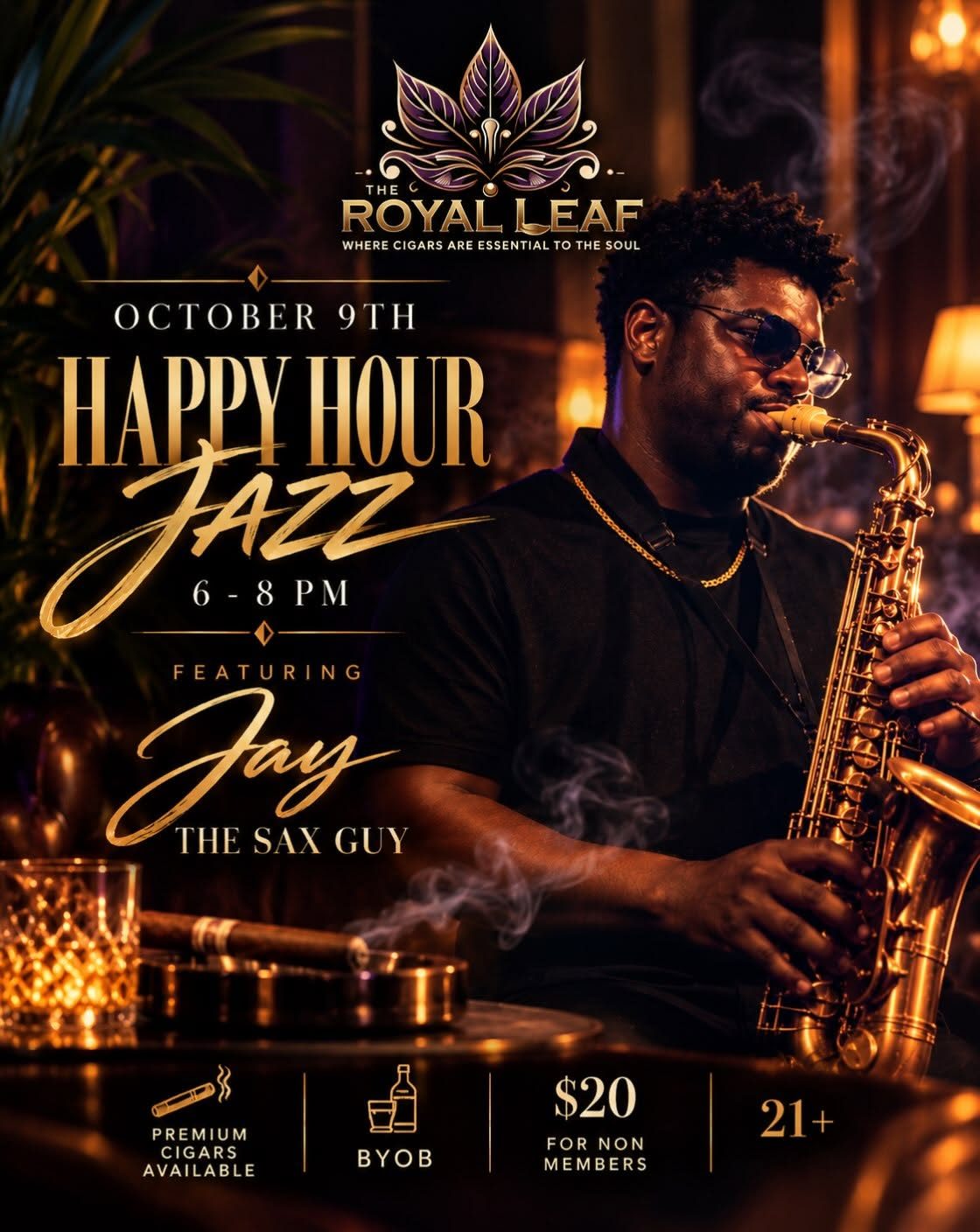 Happy Hour Jazz on October 9 featuring Jay the Sax Guy, 6 to 8 PM